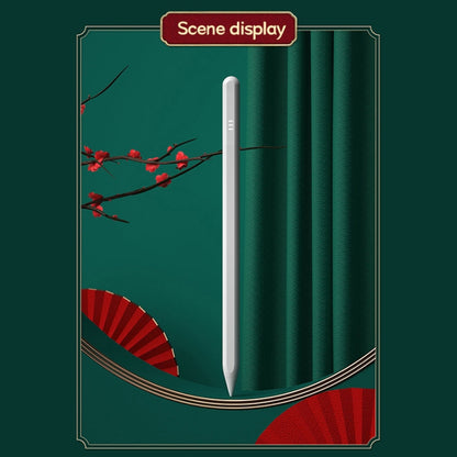 Slim white stylus pen shown upright in a diagram, for capacitive tablet use.