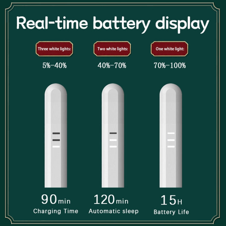 White stylus pen with battery display indicator, showing charging time and life.
