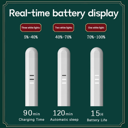 White stylus pen with battery display indicator, showing charging time and life.