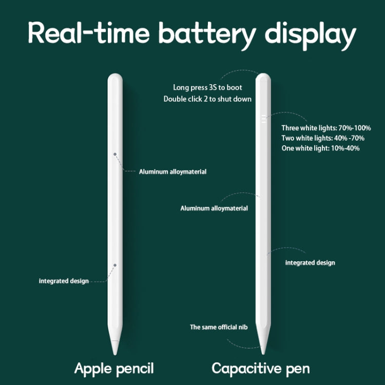 Two white stylus pens with real-time battery display and aluminum body callouts.