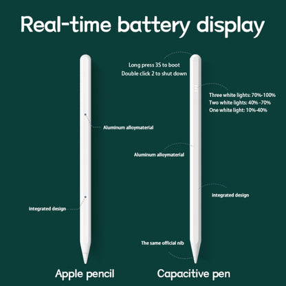 Two white stylus pens with real-time battery display and aluminum body callouts.