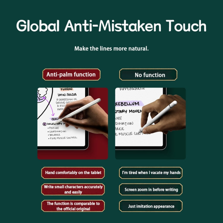 White stylus pen used on a tablet screen with anti-mistaken touch function.