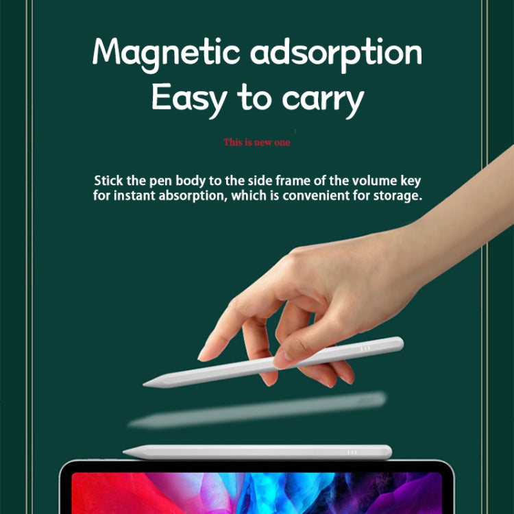 White stylus pen magnetically attaches for storage on a tablet side frame.