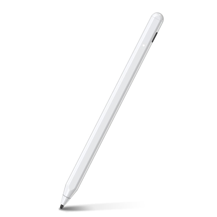 White capacitive stylus pen with pointed tip, slim oval body.