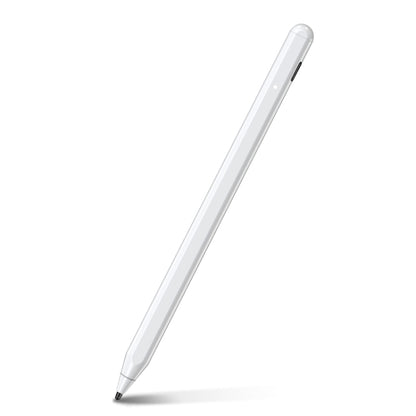 White capacitive stylus pen with pointed tip, slim oval body.
