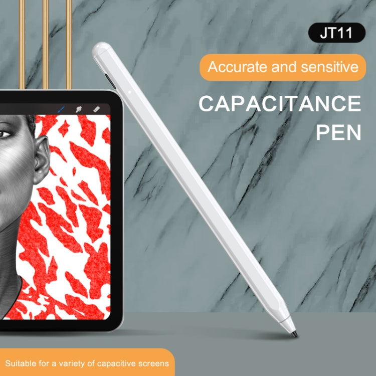 White capacitive stylus pen writing on tablet screen, angled tip forward.