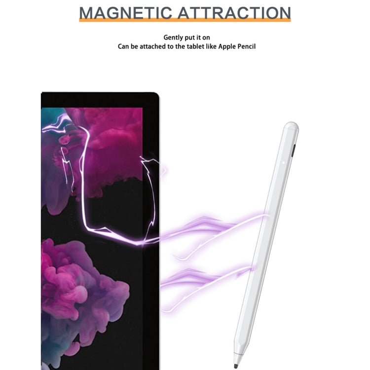 White capacitive stylus pen with magnetic design, beside a tablet.