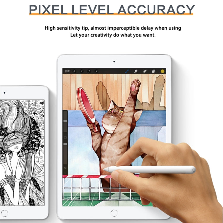 White capacitive stylus pen held to draw on a tablet display.