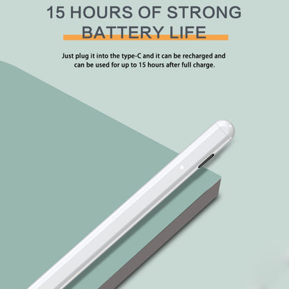 White capacitive stylus pen angled, Type-C rechargeable design shown.