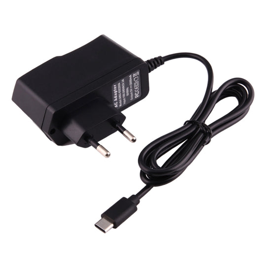 Black USB-C wall charger with two-pin plug and USB-C cable, compact 5V 2A
