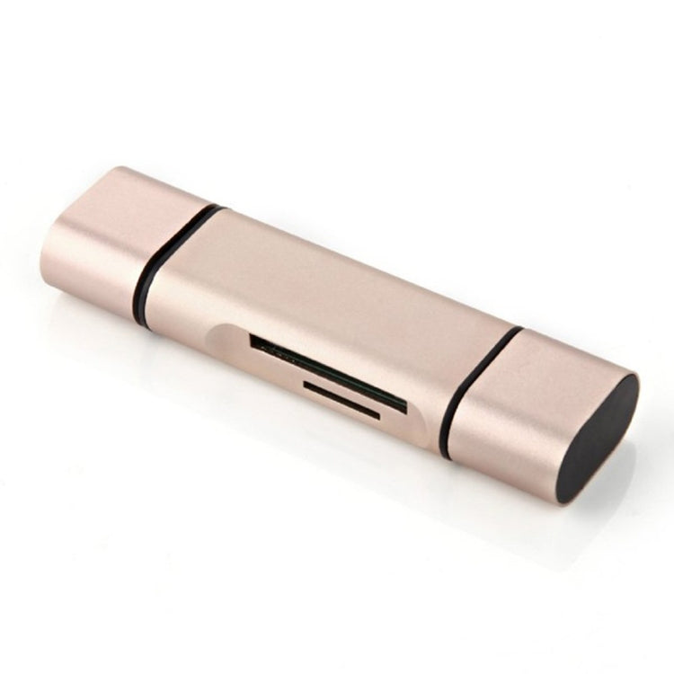 Gold USB 3-port card reader adapter with dual card slots and side port openings