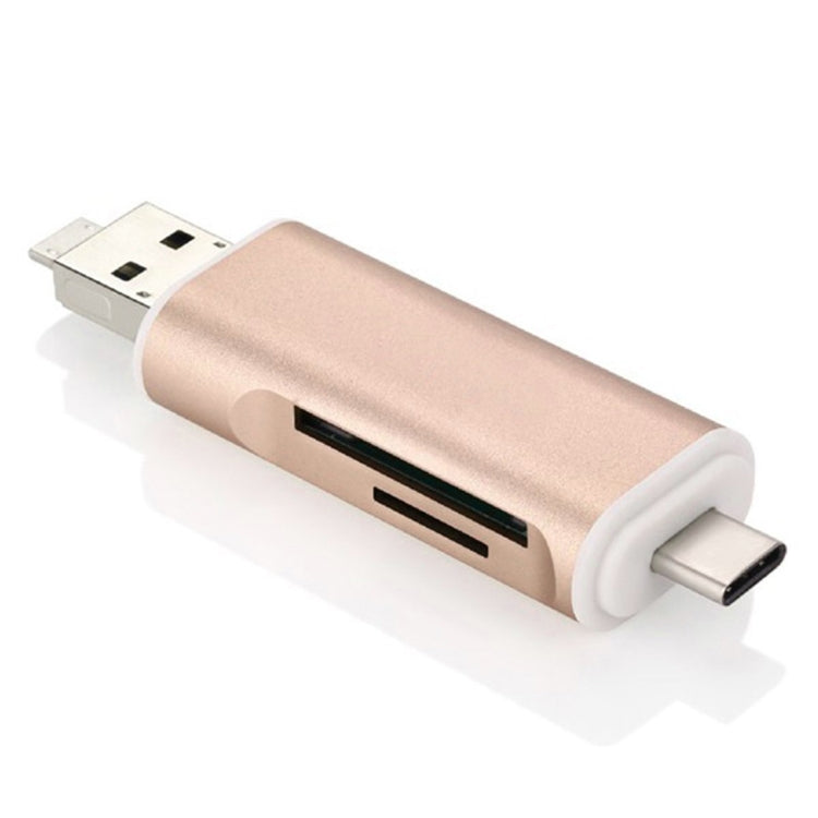 Gold USB card reader adapter with USB-A plug, Type-C end, and SD/TF slot openings
