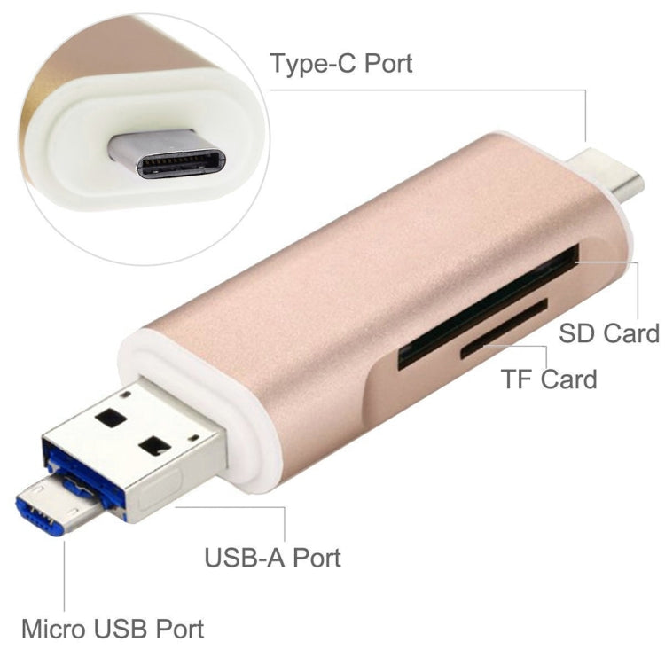 Gold 3-in-1 card reader with Type-C, Micro-USB, USB-A ports and SD/TF slots