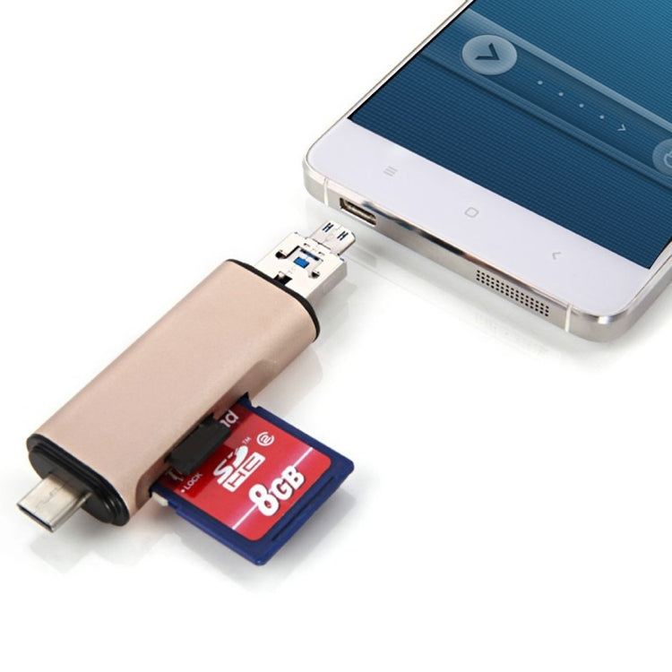 Gold card reader adapter plugged into phone with SD/TF card inserted