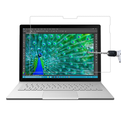 Tempered glass screen protector film for Surface Book 13.5, on laptop with squeegee