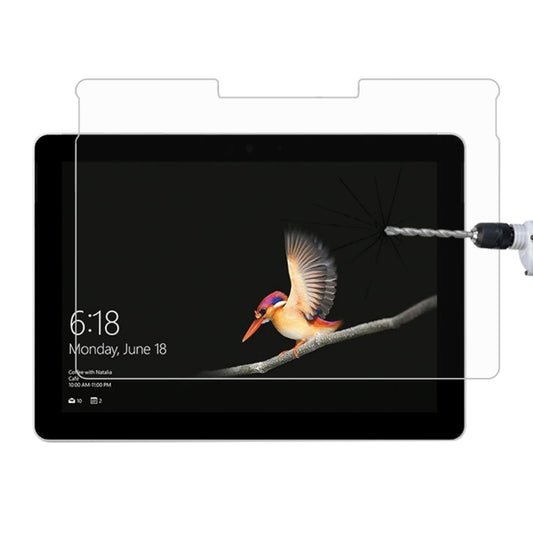 Full-screen tempered glass screen protector for 10-inch Surface Go tablet, being applied