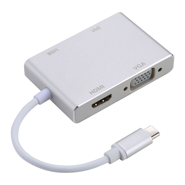 Gray USB-C 4-in-1 display adapter with VGA, HDMI, DVI and USB ports