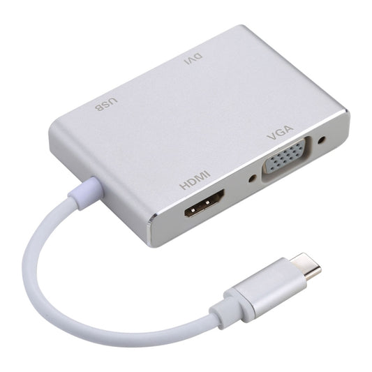 Gray USB-C 4-in-1 display adapter with VGA, HDMI, DVI and USB ports