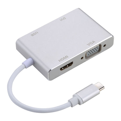 Gray USB-C hub showing VGA and HDMI ports with connected cable