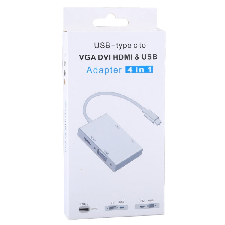 USB-C to VGA, DVI, HDMI and USB adapter displayed on retail package