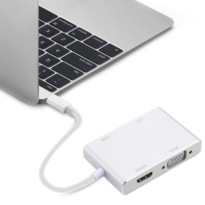 Gray USB-C display adapter connected to laptop with VGA and HDMI ports