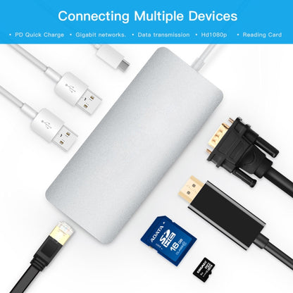 Silver Type-C hub adapter with multiple ports for USB devices, SD/TF, and HDMI/VGA