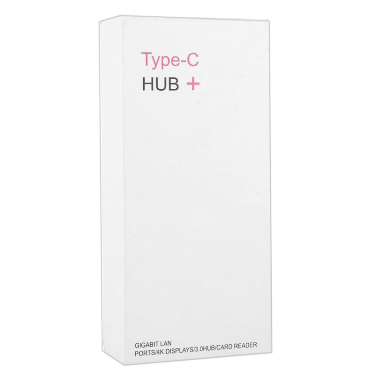 White retail box labeled Type-C HUB+ with Gigabit LAN and card reader ports