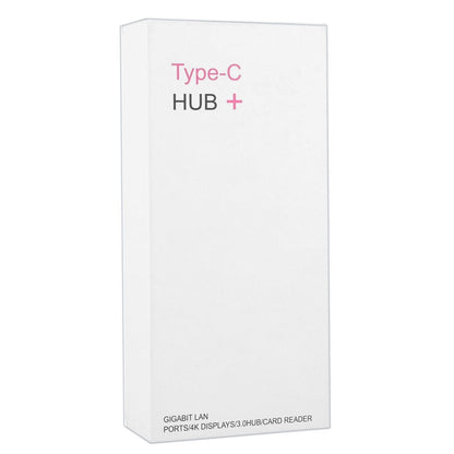 White retail box labeled Type-C HUB+ with Gigabit LAN and card reader ports