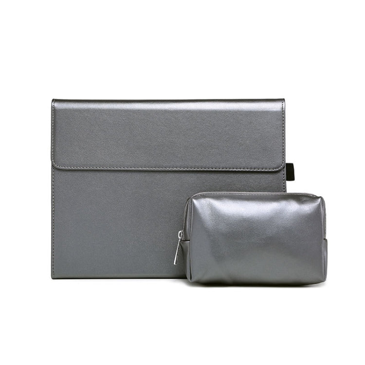 Gray magnetic flip leather case with front flap and matching power-supply pouch