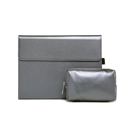 Gray magnetic flip leather case with front flap and matching power-supply pouch