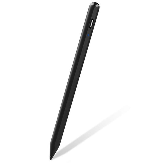 Black capacitive stylus pen with clicker button and slim tip, angled view