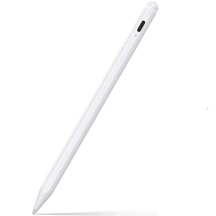 White capacitive stylus pen with clicker button and slim tip, angled view