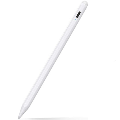 White capacitive stylus pen with clicker button and slim tip, angled view