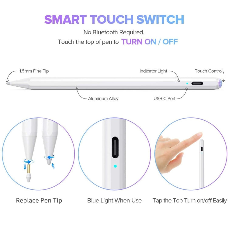 White capacitive stylus side view with touch control area and indicator light