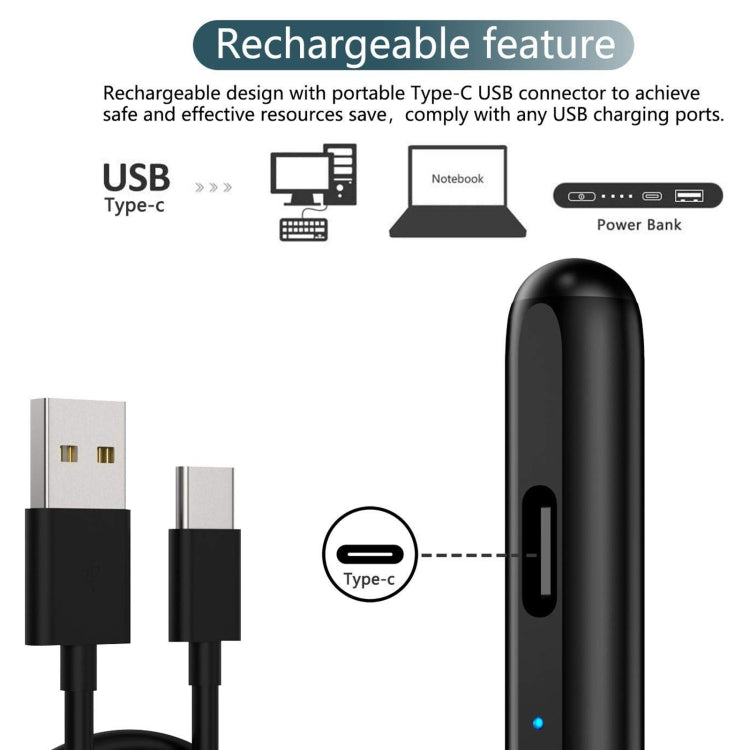 Rechargeable black stylus with USB-C charging port and cable