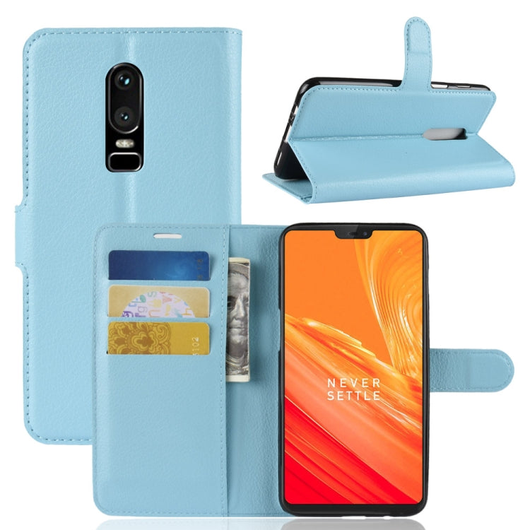 Light blue litchi-texture flip leather phone case with card slots and wallet holder