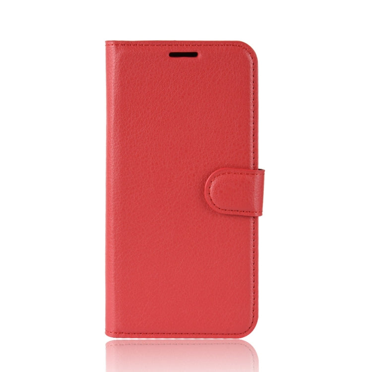 Red leather flip phone case with side button cutout and snap closure