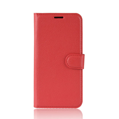 Red leather flip phone case with side button cutout and snap closure