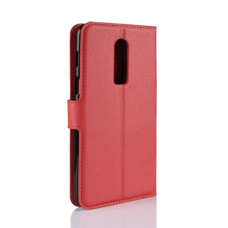 Red leather flip phone case with cutouts and protective back cover