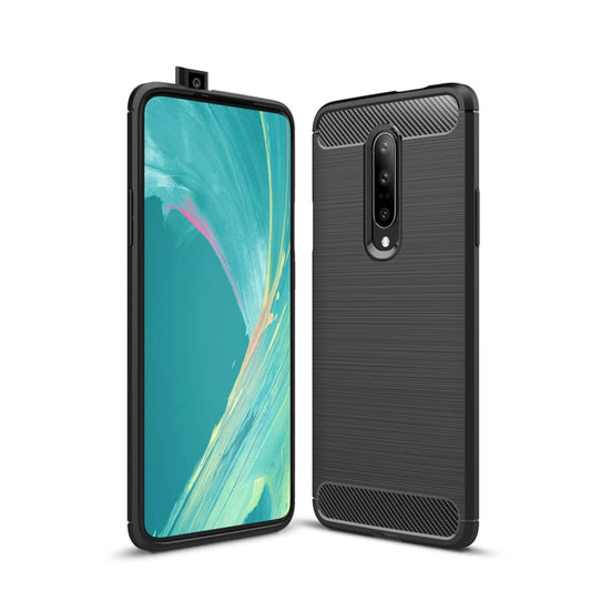 Carbon fiber textured TPU phone case for OnePlus 7, dark black with raised edges