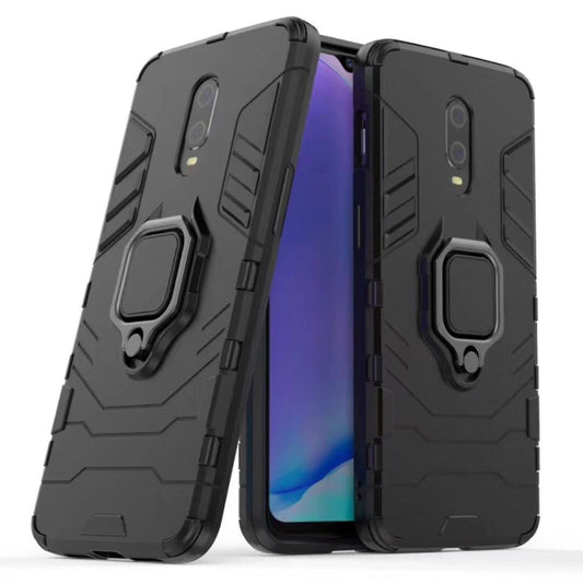 Black shockproof phone case with magnetic ring holder and raised corners
