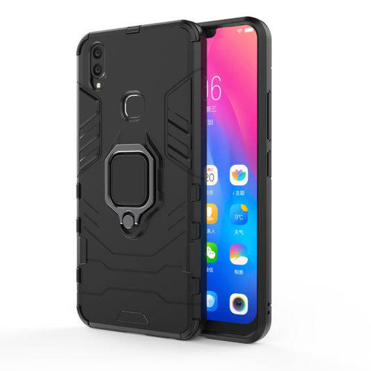 Black shockproof phone case with magnetic ring holder and kickstand