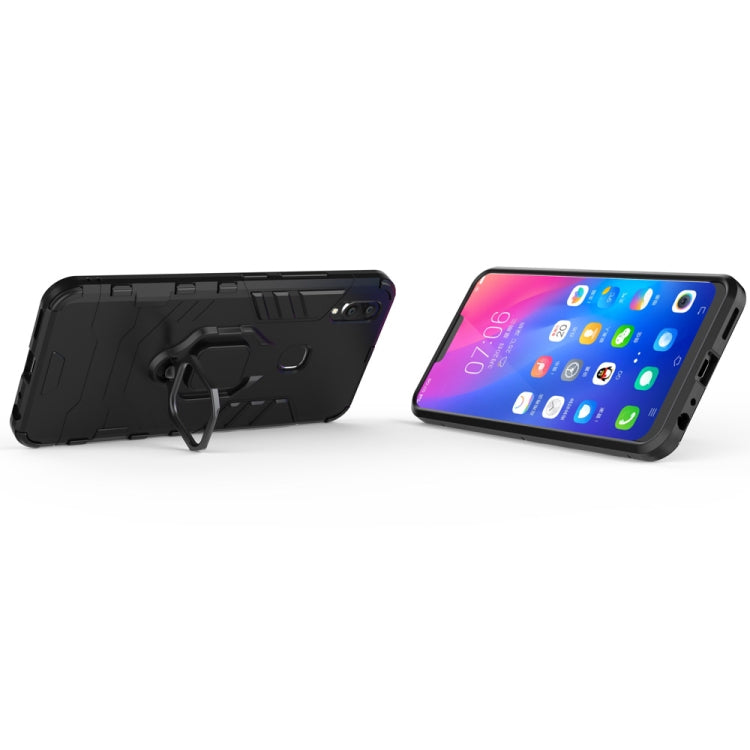 Black shockproof phone case with magnetic ring holder, stand ring visible at back
