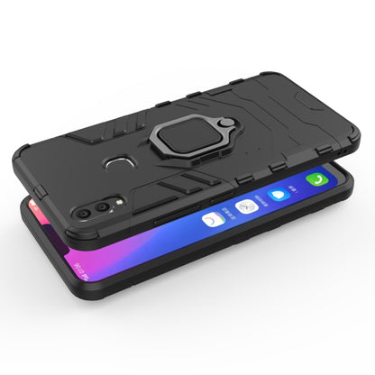 Black shockproof phone case with magnetic ring holder, shown with phone screen on