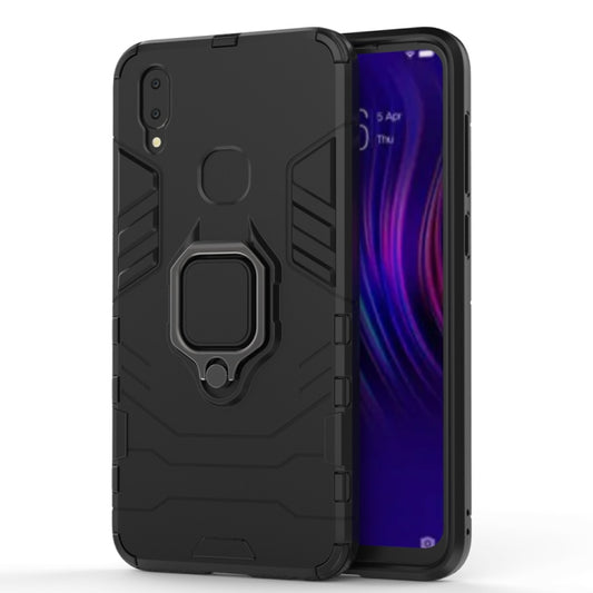 Black shockproof TPU phone case with magnetic ring holder and raised edges
