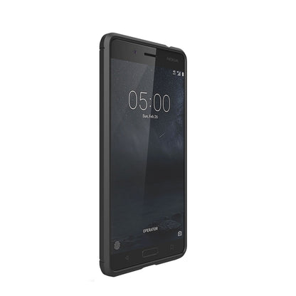 Nokia 5 shockproof TPU phone case, dark carbon-fiber textured back, slim edge profile