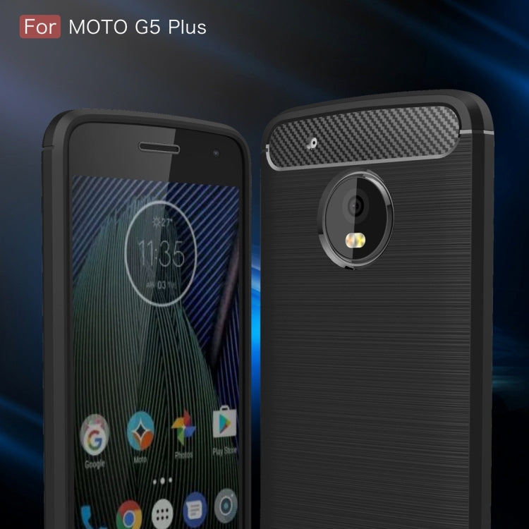 TPU phone case for Moto G5 Plus, front and back views, black carbon-fiber texture