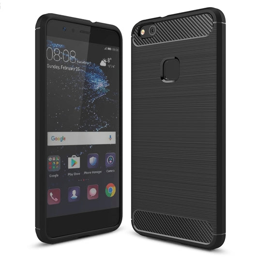 Black TPU phone case with brushed carbon-fiber texture and camera cutout.