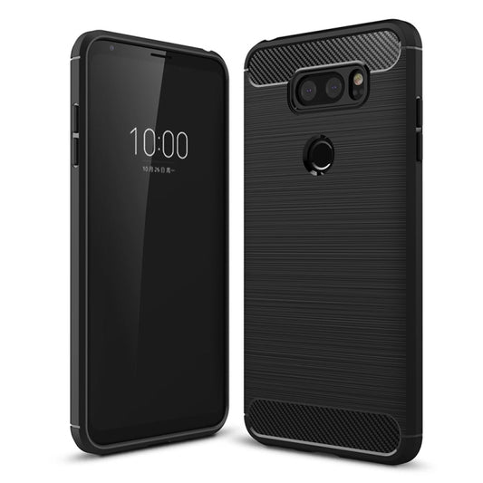 Rugged TPU case for LG V30 with brushed carbon-fiber texture and camera cutouts