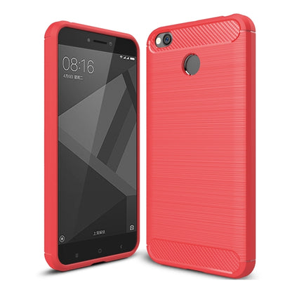 Brushed carbon fiber TPU phone case for Redmi 4X, red, back camera and mic openings